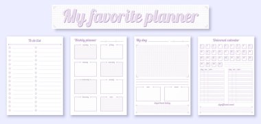 Diary printable page template planner cute flat set. Daily weekly monthly planner case schedule note time management organizing important task list personal business organizer date adjust life vector clipart