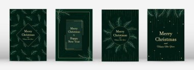 Noel ağacı dalları, tatil kartpostallarını karşılıyor. Kartvizit daveti şirket hediyeleri altın yeşili çerçeve bölücü boncuklar yıldız parıldayan xmas dekorasyon çelenk soyut vektör etiketi