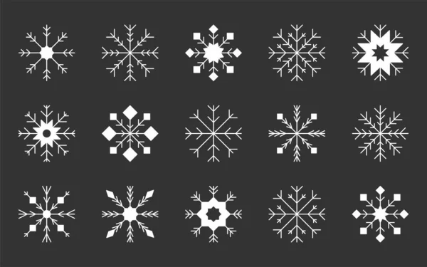 Snowflake Crystal Xmas Mróz Biały Zestaw Sylwetki Zima Zamrożone Sześciokąt — Wektor stockowy