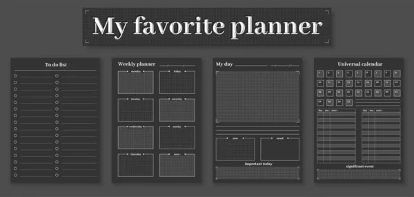 Planner Modelo Página Preta Organizador Vida Flat Set Lembrete Design —  Vetores de Stock
