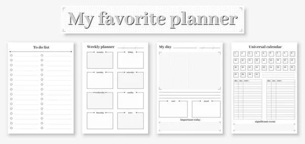 日记可打印页面模板规划器Bw平面集 安排重要任务清单个人业务组织者日期调整生命矢量 — 图库矢量图片