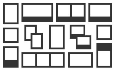 Photo frame mood board black silhouette set. Simple many shape collage design sticker planner horizontal vertical postcard layout retro shot social networking portfolio brand graphic poster isolated