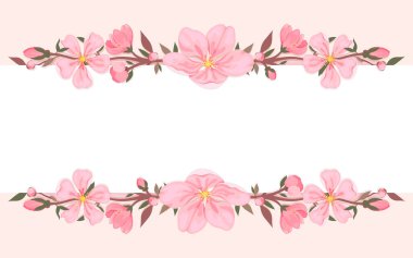 Cherry blossom horizontal banner frame sakura flower flat. Floral ornament spring bloom branch leaf spring bunch border greeting holiday season voucher template brochure pink background fashion card