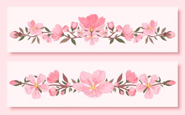 Cherry blossom bunch bouquet frame border corner flat set. Floral spring pink sakura flower delicate element design card invitation gift love holiday decor sticker japan china style seasonal isolated