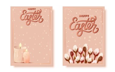 Happy Easter greeting card cute gold sparkly flat set. Brown luxury lettering pussy willow bud blossom bouquet burning flame candle wax melted holiday writing divine spring holiday cozy cute isolated