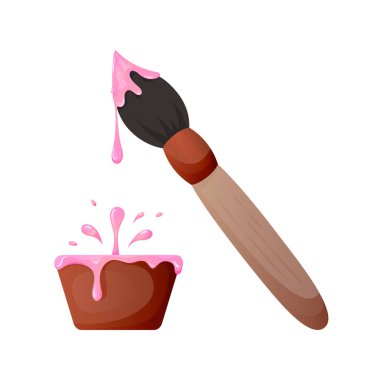 Sanat fırçası kalem paleti, kirli sıvı boya seti. Yumuşak sanat aletleri yığını pembemsi akrilik gouache yağı sıçrayan çay tabağı süzülen kalın boya tabakları paskalya boyası boyası boyama hobisi izole edilmiş.