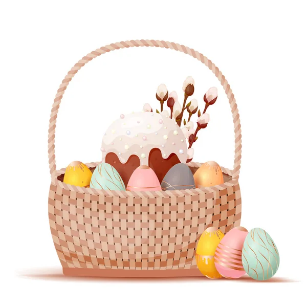 Happy Easter Wicker Basket Eggs Baking Cartoon Icon Festive Weave — Stockvektor