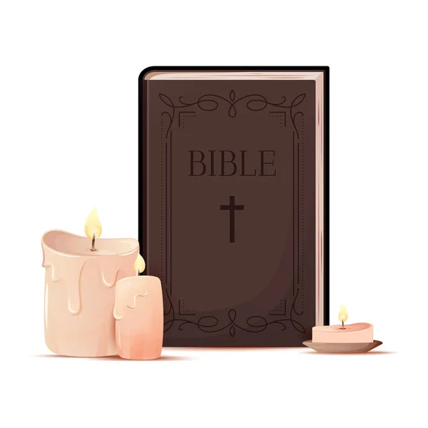 Sagrada Vela Cera Bíblica Chama Cristã Velho Conjunto Plano Livro — Vetor de Stock