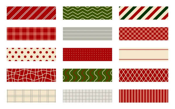 stock vector Washi tape adhesive sticky pattern ribbon festive flat set. Red green pastel festive holiday seamless design paper border frame decorative sticker christmas gift decoration scrapbooking item isolated