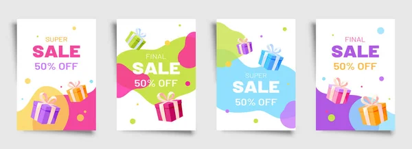 Discount Sale Promo Banner Coupon Flat Set Surprise Gift Box — Stock Vector