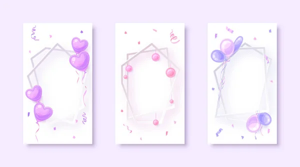 Polygonal Frame Festive Luxury Card Cute Flat Set Pink Purple — Stock Vector