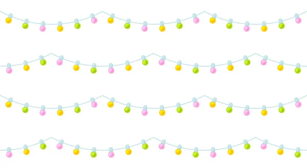 電球ランタンガーランドシームレスパターンフラット 祭りの背景包装紙祭りを背景にカラフルな明るいランプの装飾休日ラップクリスマスキャンバスガラスボール夏のパステルカットプリント — ストックベクタ