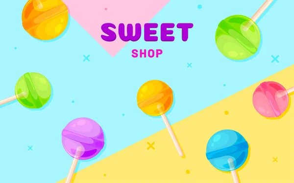 Sweet Shop Lollipop Background Banner Colorful Flat Geometric Flyer Poster — Stock Vector
