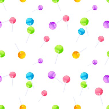 Kusursuz desenli lolipop renkli ambalaj kağıdı düz. Tatlı karamelli beyaz arka plan hediye paketi eğlenceli çocuk şirin parti tasarımı afiş mağazası tekstil dekoratif kartpostal kapağı