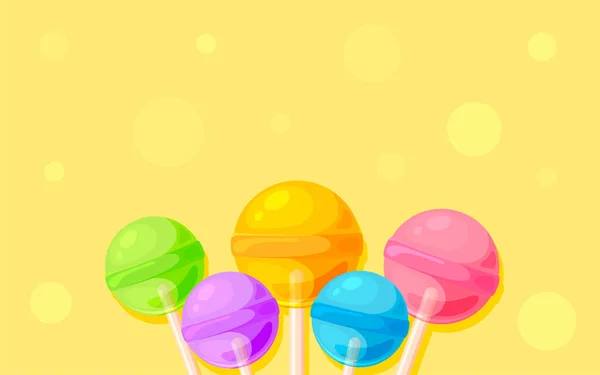 キャンディー甘いロリポップ砂糖キャラメルカラフルなフラット バナーお祝い明るい黄色の背景サンフレア夏の新鮮なデザインのギフトラッフルグリーティングカード誕生日パーティーオープニングストアフライヤーポスター広告テンプレート — ストックベクタ