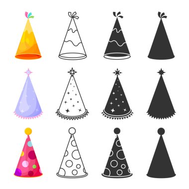 Holiday party cone cap hat triangle flat line glyph silhouette set. Editable stroke outline sticker colorful party headdress cartoon yellow purple wizard star magic red clown in dot fringe isolated clipart