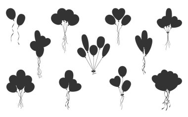 Tatil balonu siyah siluet seti. Simge damgası, hava kutlaması dekor sitesi etiketi Sevgililer Günü partisi karnavalı uçan helyum balonu oval kalp izole edilmiş.