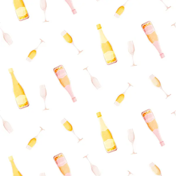 Bouteille Champagne Verre Volant Motif Sans Couture Plat Blanc Rose — Image vectorielle