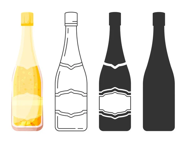 Champagnerglasflasche Flache Linie Silhouette Glyphen Set Sekt Alkohol Weißwein Fizz — Stockvektor