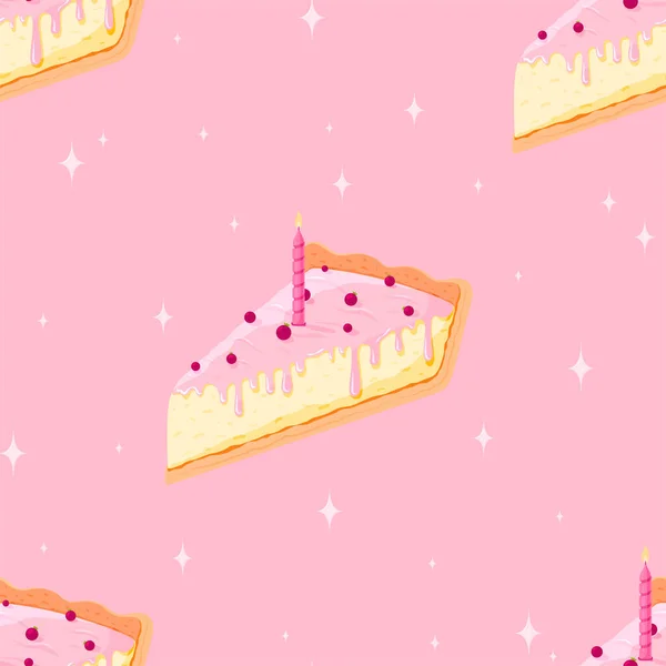 День Рождения Кусок Торта Свечи Бесшовный Узор Розовый Плоский Праздничный — стоковый вектор