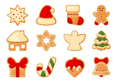 Noel kurabiyesi şekerli kurabiye düz seti. Tatlı sütü kırmızı Noel Baba şapka çorap ev yıldızı kar tanesi melek xmas hediye kurdele kızıl adam şeker kamışı çan yapışkan krema izole