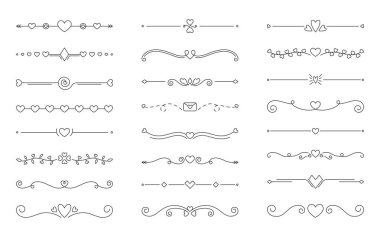Hearts sınır bölücüsü, siyah düzenlenebilir hat ayarlandı. Klasik dekoratif çizgi ayırıcı kalp oku geometrik eğri çerçeve sınırı Sevgililer günü romantik düğün davetiyesi girdabı süslemeli sayfa izole