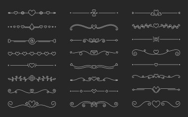 Hearts sınır ayırıcısı beyaz düzenlenebilir hat ayarlandı. Klasik dekoratif çizgi ayırıcı kalp oku geometrik eğri çerçeve sınırı Sevgililer günü romantik düğün davetiyesi girdabı süslemeli sayfa izole