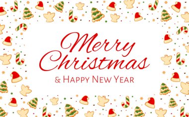 Mutlu Noeller, zencefilli kurabiye çerçeveli afiş, yeni yıl kartı dairesi. Şeker kamışı şapka hediyesi xmas melek kar tanesi konfeti tatlı zencefilli ekmek şenlikli tatlı dekor arka plan şenlik broşürü