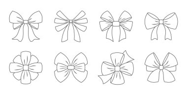 Bayram hediyesi kurdelesi siyah çizgi seti. Dekorasyon düzenlenebilir vuruş etkinliği farklı kravat şekilli dekor odası ürünü düğün tatili paketleme unsuru izole edildi