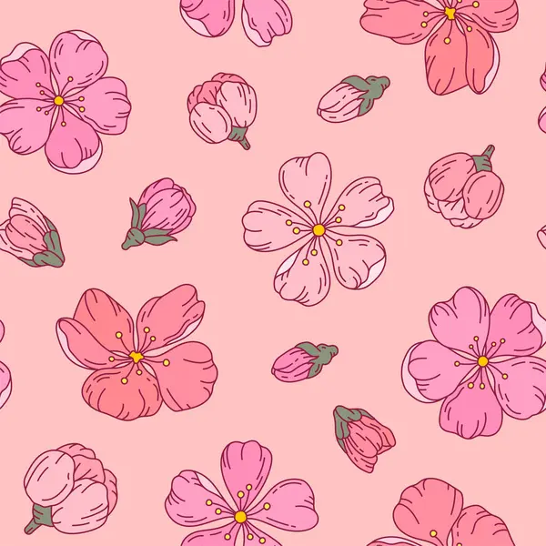 Kirschblüten Nahtlos Muster Rosa Umriss Flach Frühlingsknospe Japanisch Chinesisch Wrap Vektorgrafiken