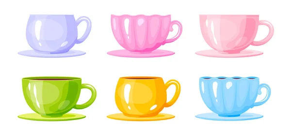 Bunte Porzellan Kaffee Tee Tasse Glas Auf Untertasse Cartoon Flachset Stockillustration