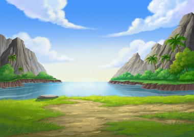 Illustration has big mountains, water, trees. clipart