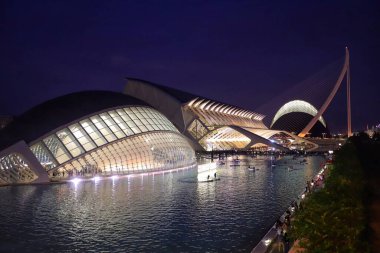 Fuarın en kalabalığının başkentinin gece manzarası. Valencia, İspanya. Ciudad de las ciencias