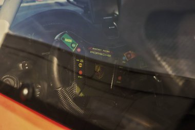 closeup inside GT winter series steering wheel in Ricardo Tormo circuit, Cheste, Valencia