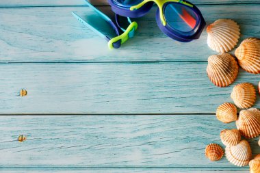 Tahta bir masada deniz yıldızları ve deniz kabukları.