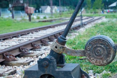 Yeşil otlu eski paslı demir lokomotif