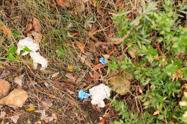 Plastik çöp torbası ve çimlerin üzerindeki çöp.