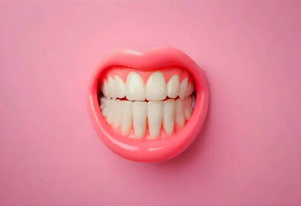 Pembe arka planda dişleri olan pembe dudaklar. Kapat - kapat