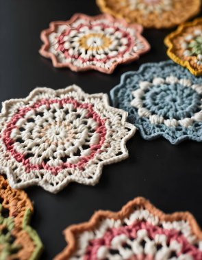 Masaya yakın plan renkli el yapımı nakış.