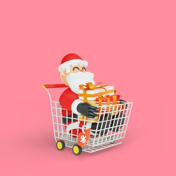 Boyutlu Noel Baba Nın Bir Sürü Hediyeyle Bir Yük Arabasında — Stok fotoğraf