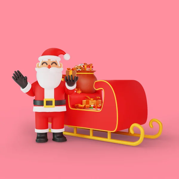 Darstellung Der Weihnachtsmann Pose Vor Einem Mit Geschenken Gefüllten Schlitten — Stockfoto