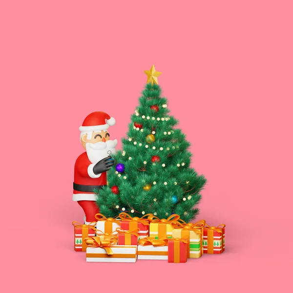 Darstellung Von Weihnachtsmann Beim Dekorieren Eines Weihnachtsbaums — Stockfoto