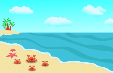 Vektör manzara tasarımı. Yaz tatili. Tropikal okyanus mavi gökyüzüyle buluşuyor.