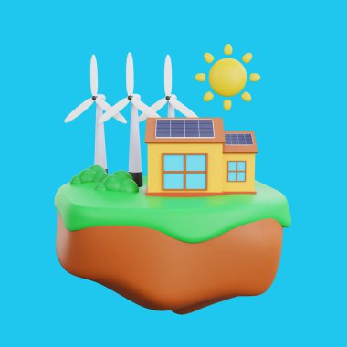 Rüzgar türbinlerinin ve güneş panellerinin ekoloji ve çevre dostu konseptiyle 3D yorumlanması.