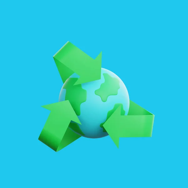 リサイクルアイコンで地球の3Dレンダリング 生態系や環境に優しいという考え方で — ストック写真