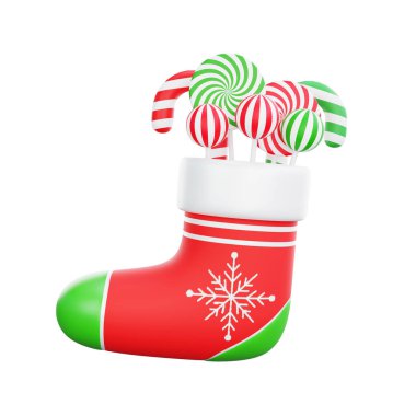 Bir Noel çorabı ikonunun 3 boyutlu çizimi. Noel için mükemmel ve mutlu yeni yıl kutlamaları