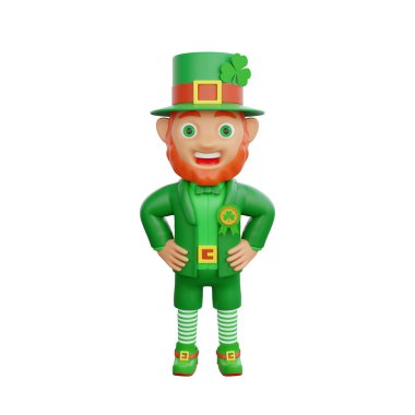 Aziz Patrick Günü temalı projeler için mükemmel bir rozet sergileyen neşeli bir leprikonun 3D çizimi