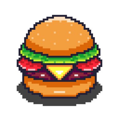 Pixel Art Design ile Burger 'in Vektör İllüstrasyonu, gıda varlıkları için mükemmel temalı tasarımlar, gıda varlıkları için mükemmel temalı tasarımlar.