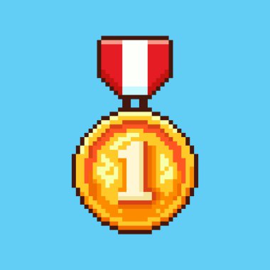 Pixel Sanat Tasarımı ile altın madalyanın vektör ilüstrasyonu, oyun varlıkları temalı tasarımlar için mükemmel