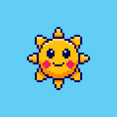 Pixel Art Design ile Gülen Güneş 'in Vektör İllüstrasyonu, oyun varlıkları temalı tasarımlar için mükemmel